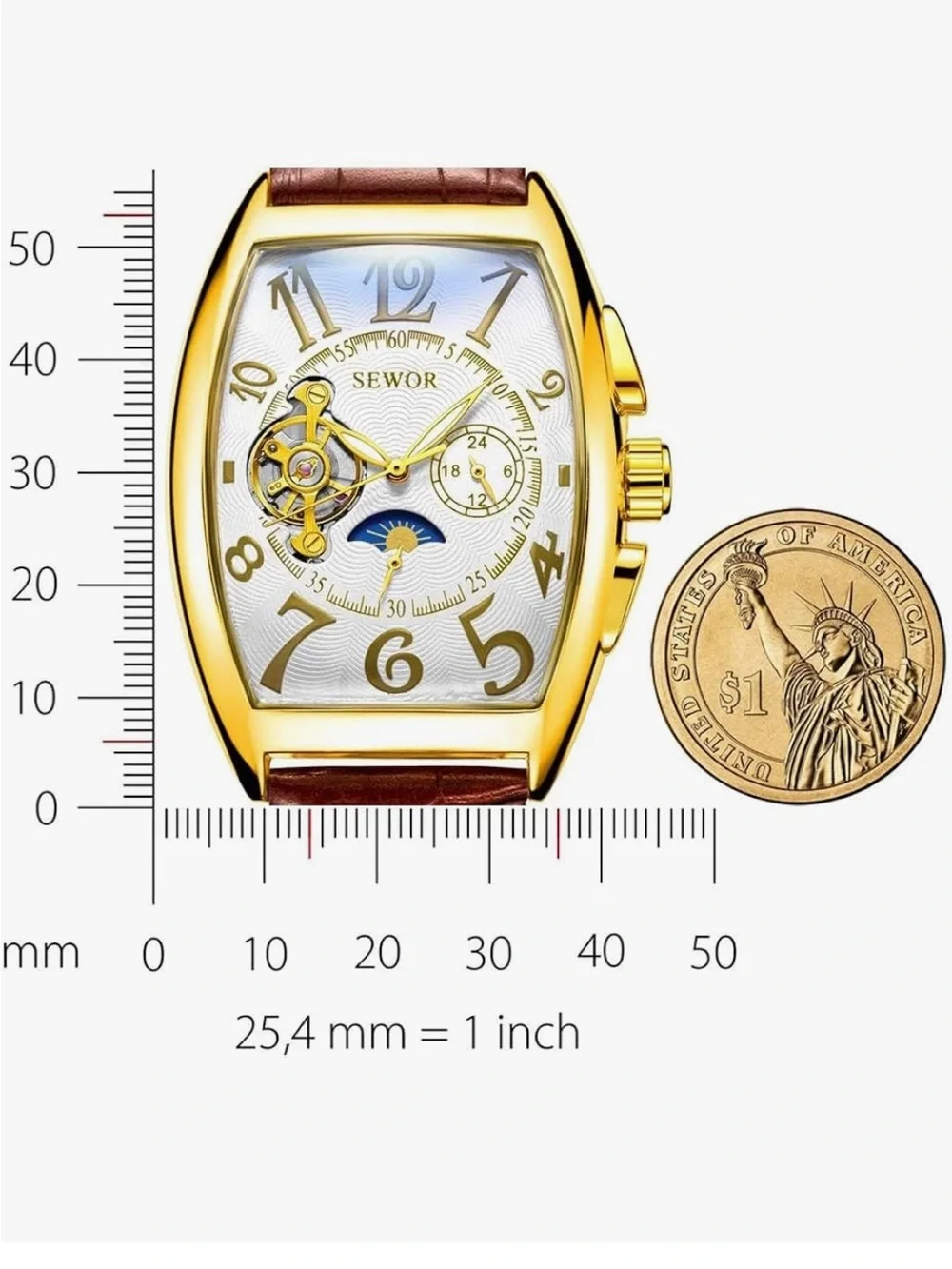 SEWUR Gold-Toned Bold Tonneau Face with Brown Leather Band